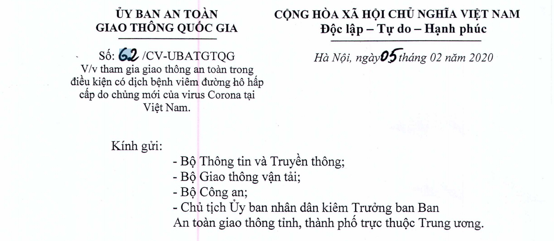 Công văn 62/CV-UBATGTQG ngày 05/02/2020 của Ủy ban An toàn giao thông Quốc gia về việc chỉ đạo các đơn vị liên quan hướng dẫn người tham gia giao thông an toàn trong điều kiện có dịch bệnh Viêm đường hô hấp do chủng mới của virus Corona tại Việt Nam