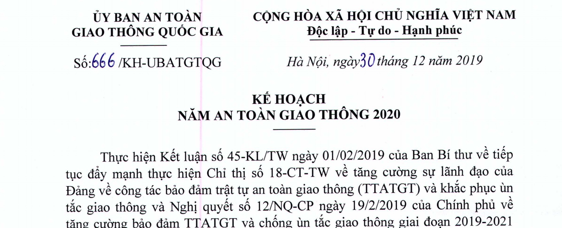 Kế hoạch Năm An toàn giao thông 2020