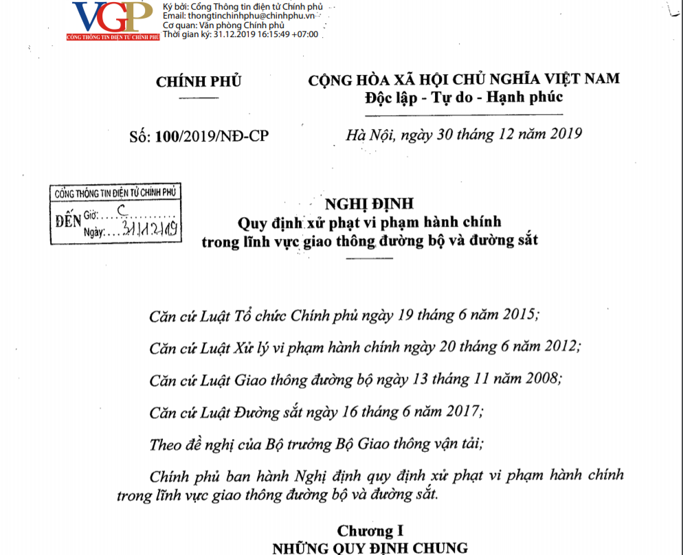 Nghị định 100/2019/NĐ-CP ngày 30/12/2019 của Chính phủ quy định xử phạt vi phạm hành chính trong lĩnh vực giao thông đường bộ và đường sắt