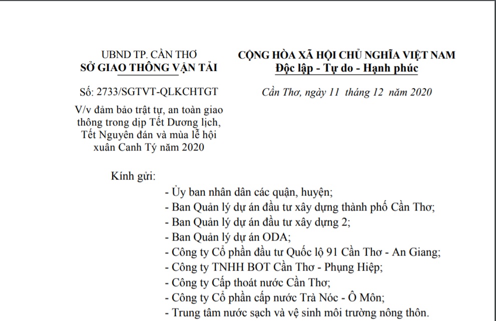 Cần Thơ: Triển khai Công điện 35/CĐ-TCĐBVN về đảm bảo trật tự, an toàn giao thông trong dịp Tết Dương lịch, Tết Nguyên đán và mùa lễ hội xuân Canh Tý năm 2020