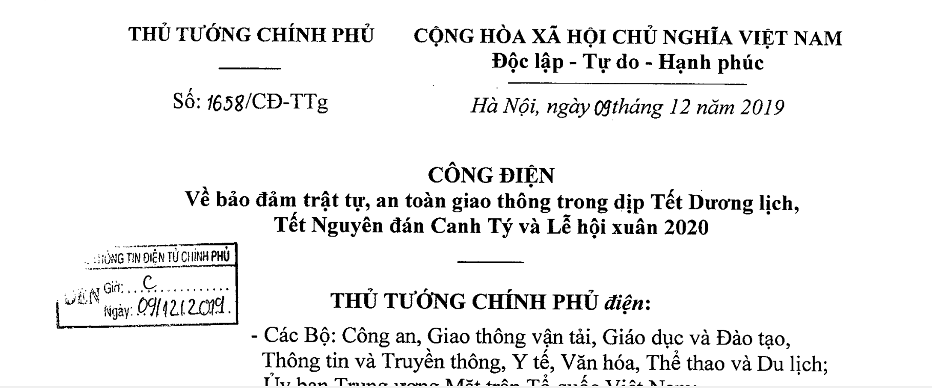 Công điện hỏa tốc 1658/CĐ-TTG : Đảm bảo ATGT dịp Tết Dương lịch, Tết Nguyên đán Canh Tý 2020
